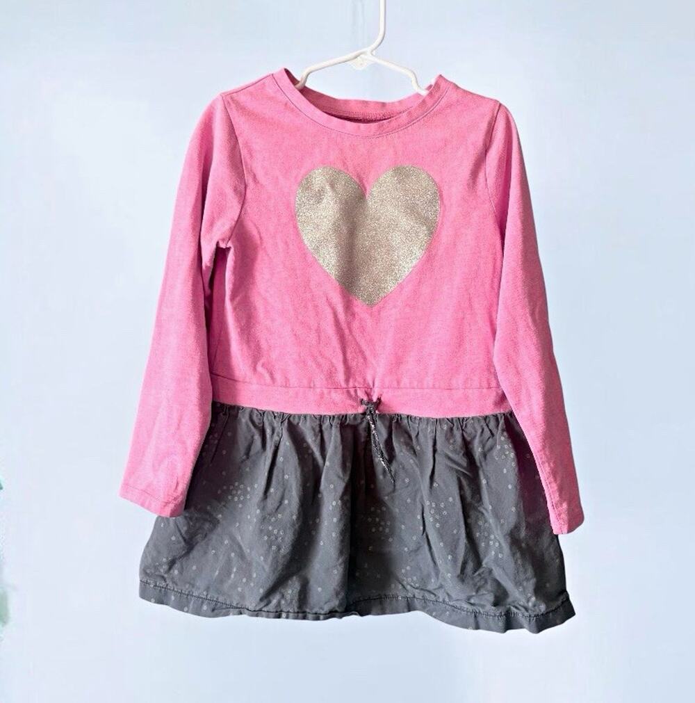 Carters Girls Size 6 Pink Gray Gold Glitter Heart Long Sleeve Drop Waist Dress